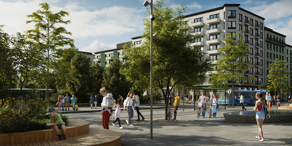 Ett torg med människor i rörelse. Sittplatser och grönska. Bortom torget syns biltrafik på gata och flerbostadshus. Illustration